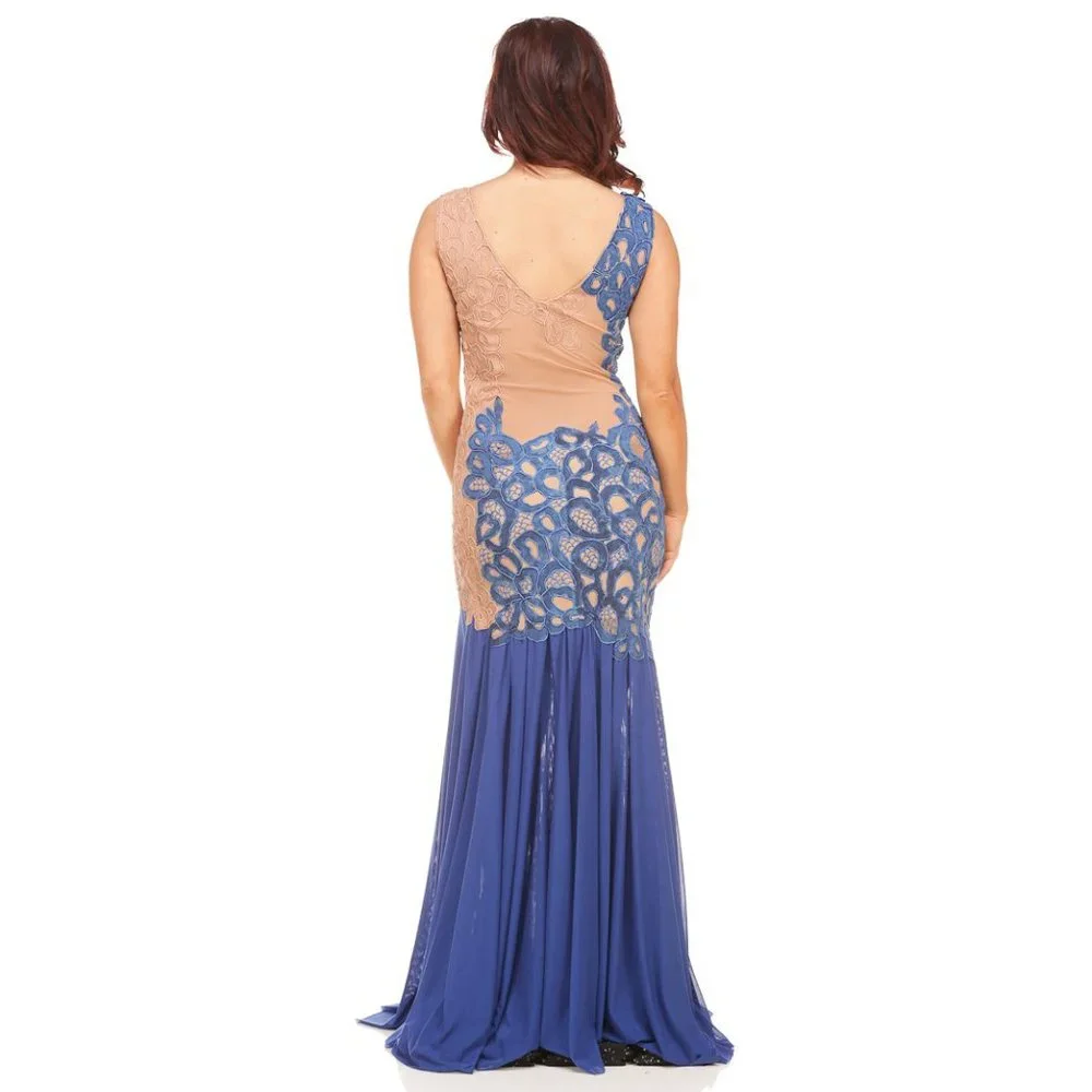 Ema Savahl Sheer Painted Lace Blue & Nude Dress - Picture 2 of 3